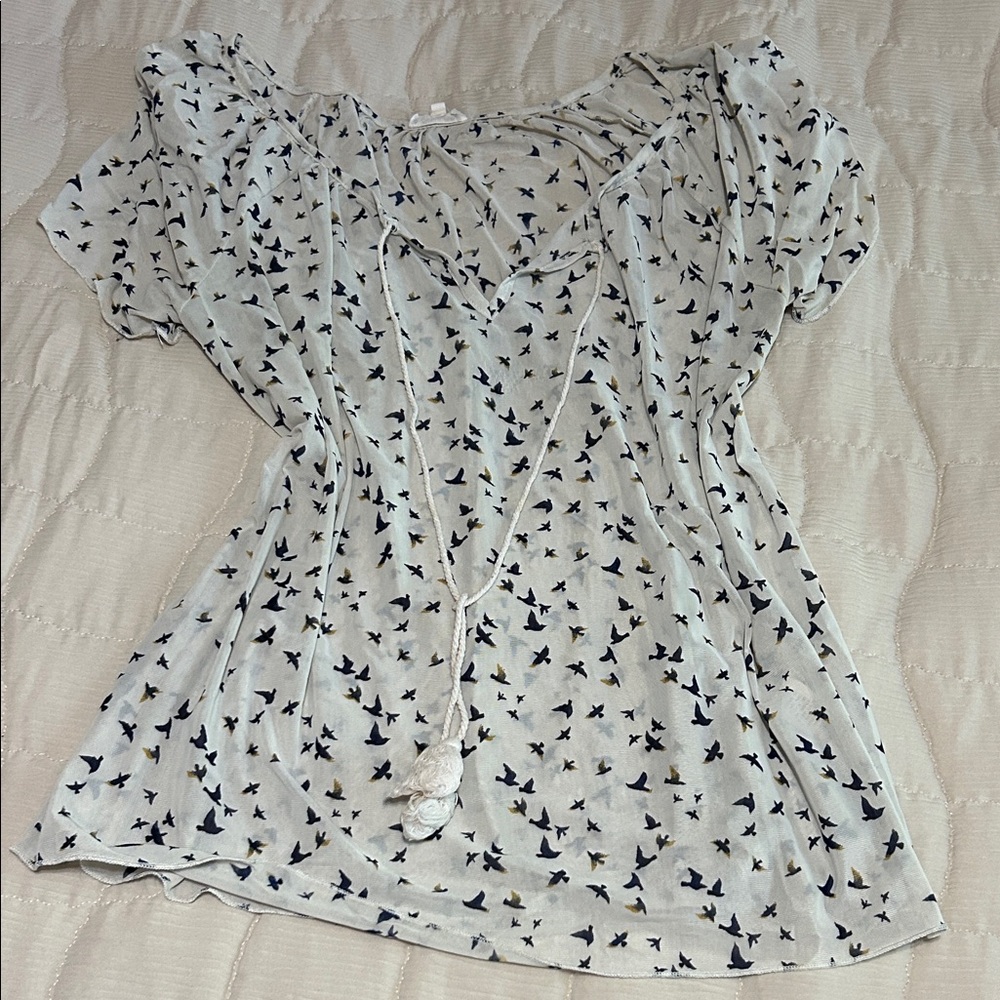 Women's White and Navy Blue Bird Print Top